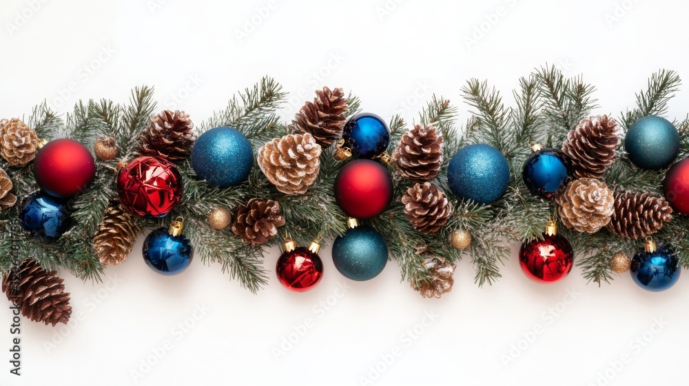 Fir tree garland with red and blue Christmas ornaments, pine cones isolated on a white background Fir tree garland with red and blue Christmas ornaments, pine cones isolated on a white background