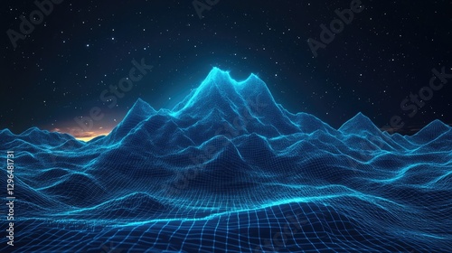 Futuristic digital grid landscape with glowing wireframe mountains at night