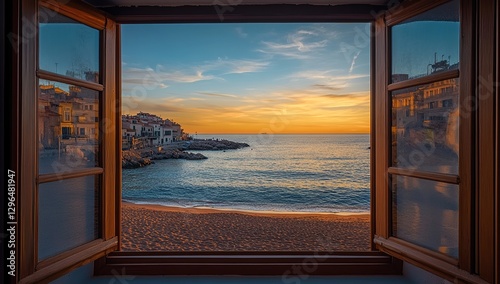 A view of the sea and a small village in Barcelona from an open window with wooden shutters