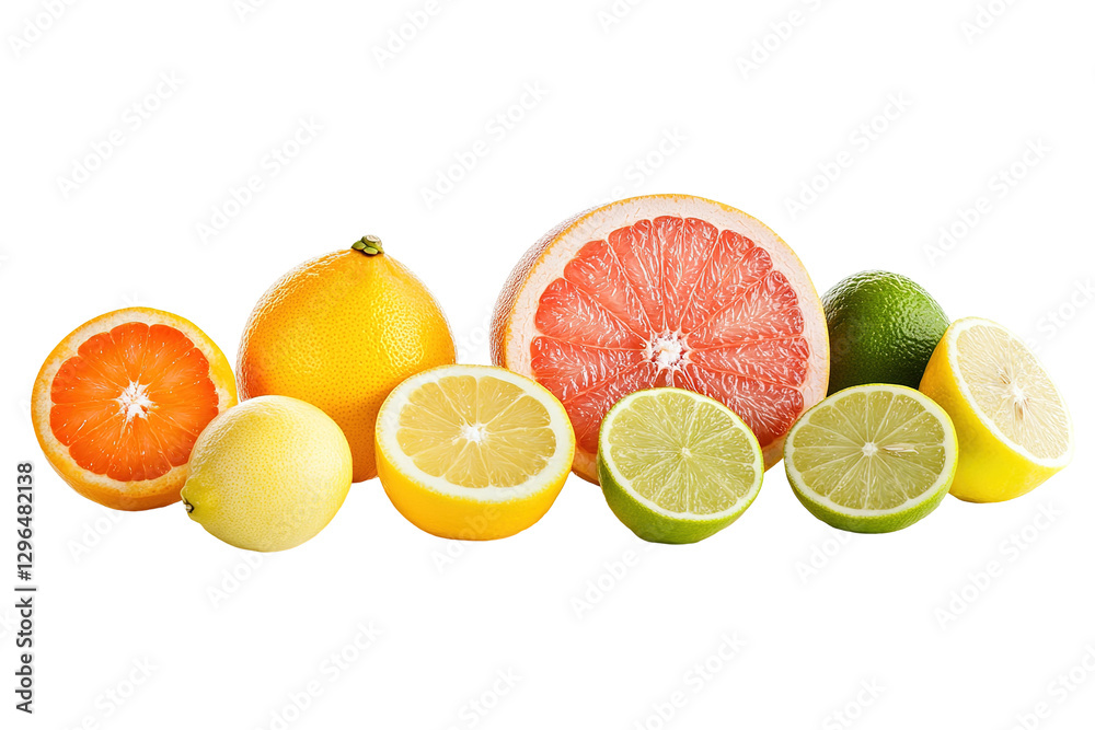 A row of citrus fruits including oranges, lemons, and grapefruit. ,on transparent background. A row of citrus fruits including oranges, lemons, and grapefruit. ,on transparent background.