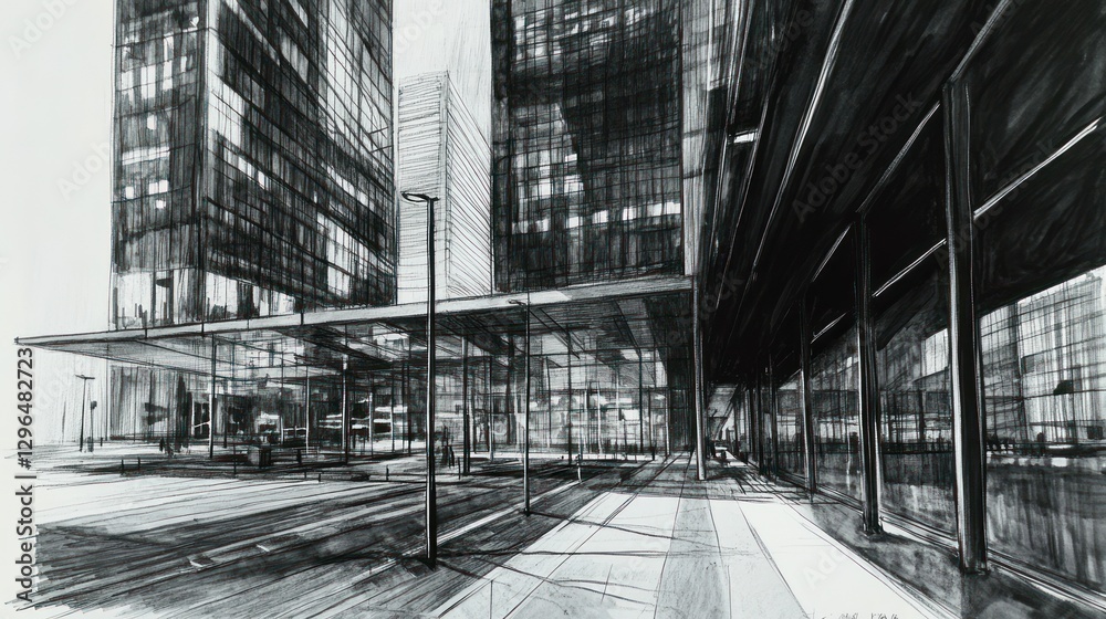 Obraz premium Cityscape sketch Modern buildings, plaza, shadows. Architectural design illustration