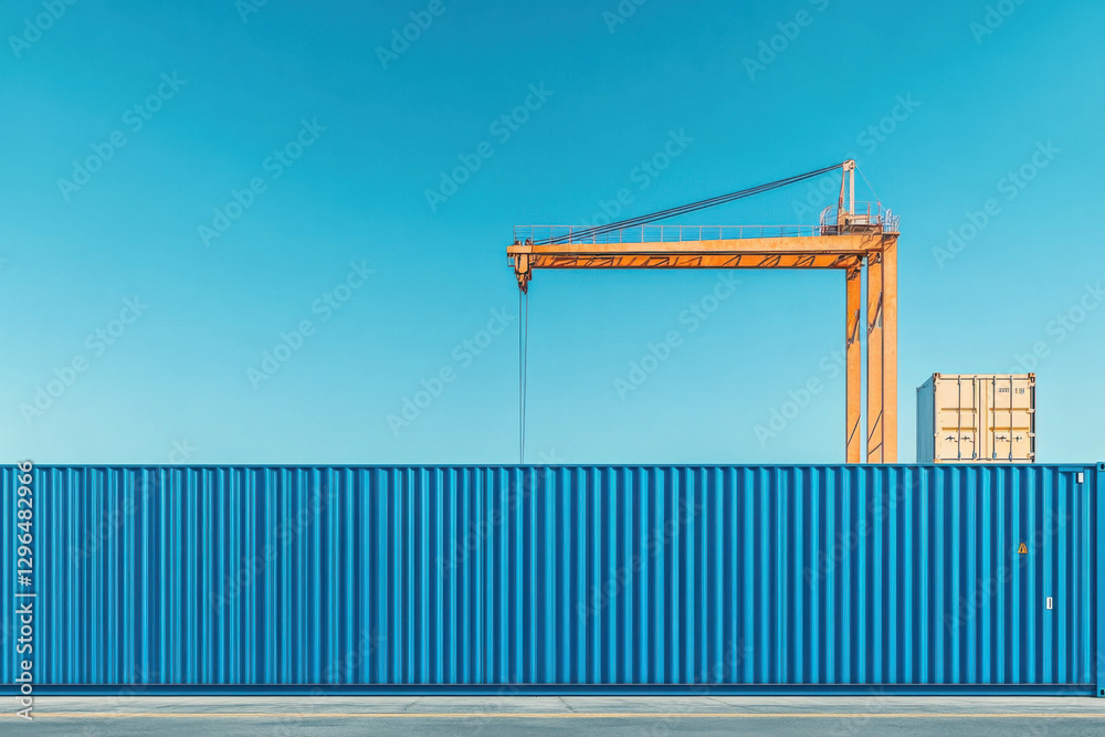 Blue Shipping Container Wall with Crane and Copy Space Blue Shipping Container Wall with Crane and Copy Space
