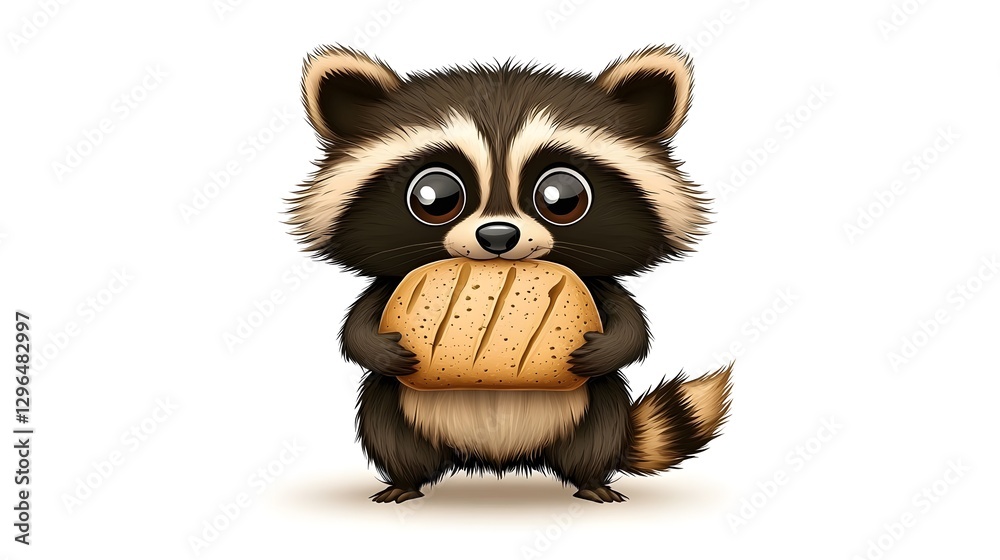 Fototapeta premium Adorable Cartoon Raccoon Holding Bread Against White Background