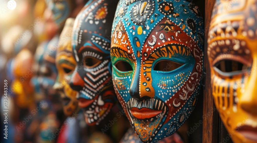 Fototapeta premium Handcrafted Colorful Masks at Street Market Display