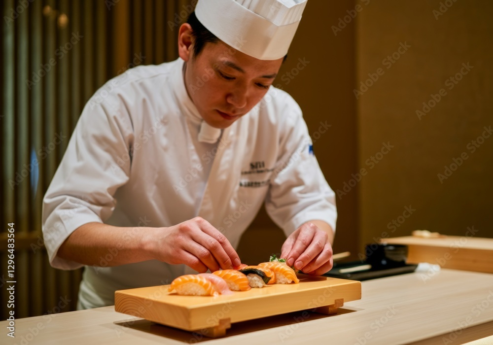 Sushi chef preparing nigiri on wooden board in traditional Japanese restaurant Sushi chef preparing nigiri on wooden board in traditional Japanese restaurant