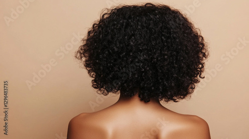 Natural Hair Beauty: Showcasing the gorgeous curls and texture of a woman's dark, healthy, and natural hairstyle against a neutral backdrop. photo