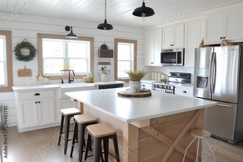 A rustic farmhouse kitchen with a large island, shiplap walls, and vintage decor, combining functionality with charm