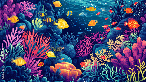 Fototapeta Naklejka Na Ścianę i Meble -  A coral reef teeming with life, colorful fish and invertebrates inhabit the vibrant ecosystem, fish, coral reef, ocean, aquatic. Bioluminescent Coral Reef. Illustration