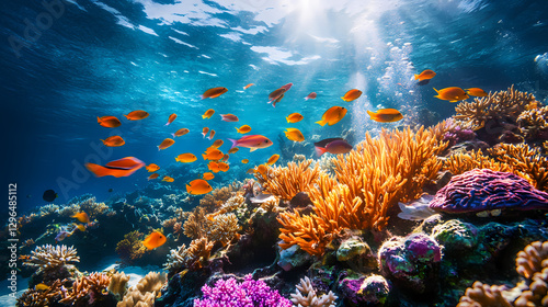 Fototapeta Naklejka Na Ścianę i Meble -  A coral reef teeming with life, colorful fish and invertebrates inhabit the vibrant ecosystem, fish, coral reef, ocean, aquatic. Bioluminescent Coral Reef. Illustration