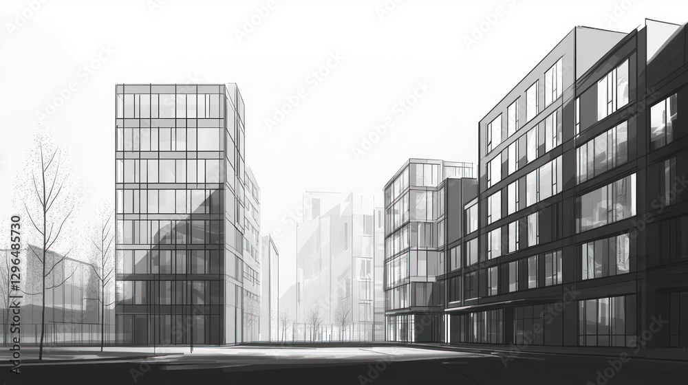 Fototapeta premium Modern city architecture sketch, urban planning, buildings, city street, background fog, for real estate