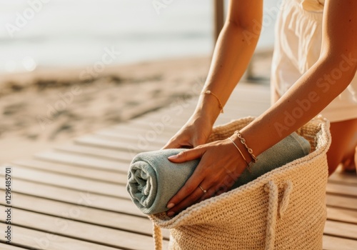 Woman packing beach towel into woven bag on wooden deck by ocean shore