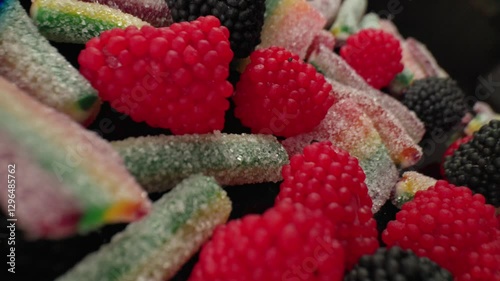Rainbow sour jelly candies strips in sugar sprinkle. in macro photography, close-up