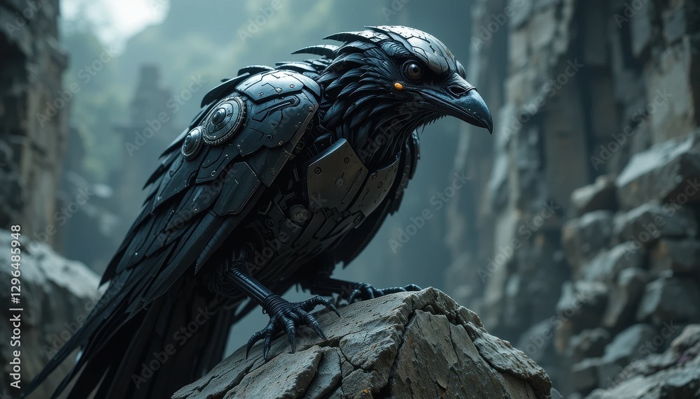 Fototapeta premium Robotic Raven Perched on Rocks Futuristic Dark Fantasy Bird Cyborg Mechanical Creature