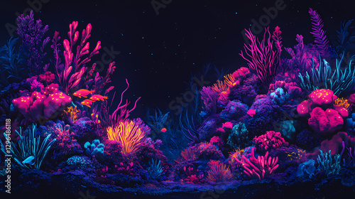 Fototapeta Naklejka Na Ścianę i Meble -  A surreal coral reef illuminated by bioluminescent fish, adorned with neon plants and resting on a dark ocean floor. Bioluminescent Coral Reef. Illustration