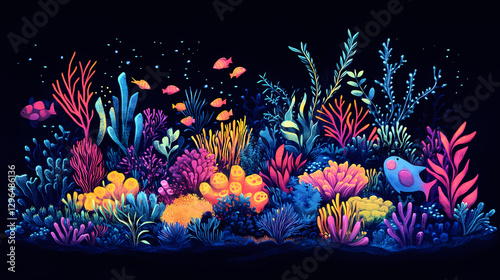 Fototapeta Naklejka Na Ścianę i Meble -  A surreal coral reef illuminated by bioluminescent fish, adorned with neon plants and resting on a dark ocean floor. Bioluminescent Coral Reef. Illustration