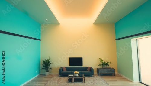 A minimalist living room features teal and yellow walls, a dark gray sofa, a flatscreen TV, potted plants, and a wooden media console. The room is bright and airy with modern decor.