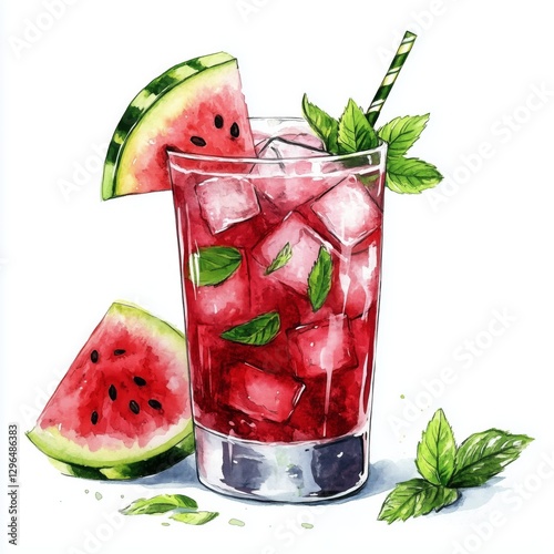 Watermelon mojito mocktail, juicy red and green hues, ice cubes and mint leaves, watercolor style Refreshing watermelon cocktail illustration