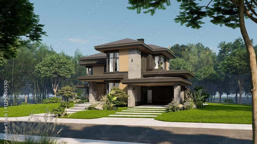 4K video rendering of modern two story house with gray and wood accents, large windows for sale or rent in luxurious style. Clear sunny summer day with blue sky. 4K video rendering of modern two story house with gray and wood accents, large windows for sale or rent in luxurious style. Clear sunny summer day with blue sky.