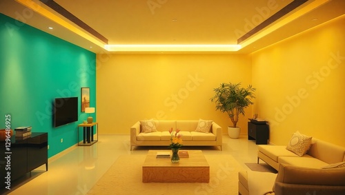 A contemporary living room features yellow and teal walls, a beige sofa, coffee table, and potted plant. Recessed lighting enhances the spaces modern appeal. 