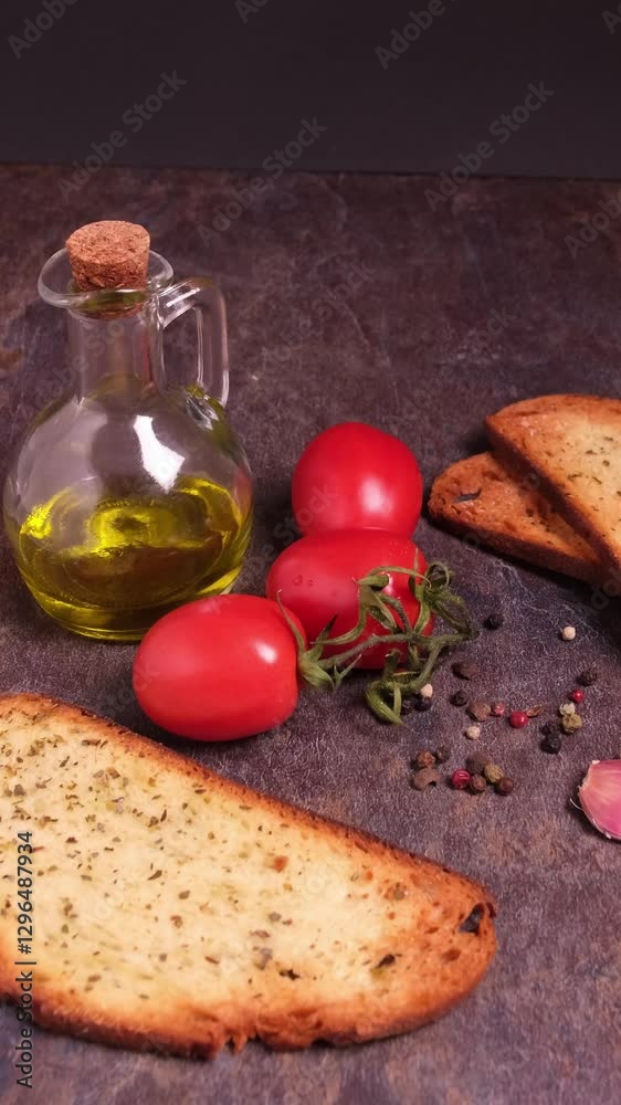 Ravvicinato du ingredienti per una bruschetta, e fette di pane tostato sul tavolo, video verticale
