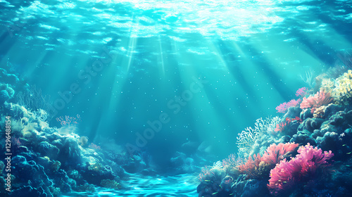 Fototapeta Naklejka Na Ścianę i Meble -  Aquatic awe: ethereal bioluminescent coral reef in serene turquoise waters. Bioluminescent Coral Reef. Illustration