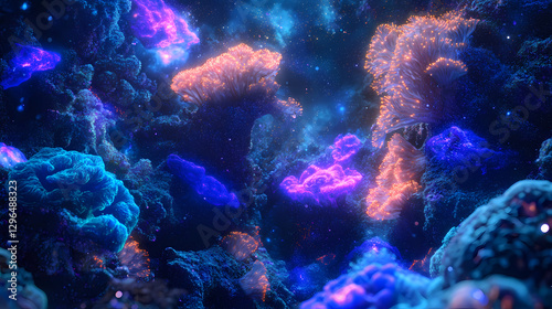 Fototapeta Naklejka Na Ścianę i Meble -  Bioluminescent coral reef nebula glowing ethereal coral structures in celestial inspired ocean. celestial reef. illustration. Bioluminescent Coral Reef. Illustration