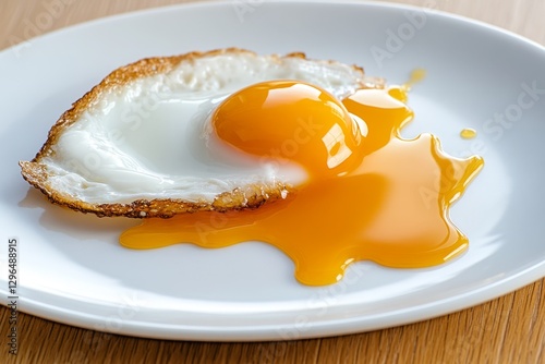 A close-up of a golden egg yolk breaking and slowly oozing onto a white plate