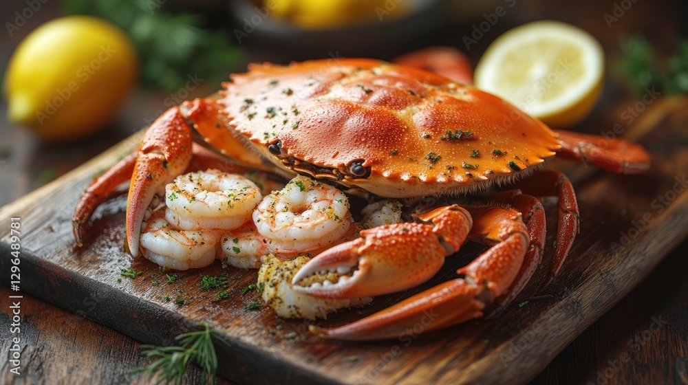 Steamed crab and shrimp on wooden board with lemon. Steamed crab and shrimp on wooden board with lemon.