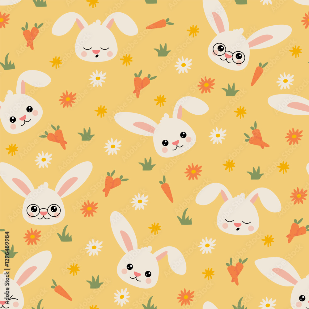 A seamless pattern featuring a cute bunny, bright carrots, and delicate flowers. Perfect for Easter, kids' prints, textiles, and festive designs. A seamless pattern featuring a cute bunny, bright carrots, and delicate flowers. Perfect for Easter, kids' prints, textiles, and festive designs.