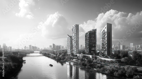 Modern riverside highrises, cityscape, sunny day, boat