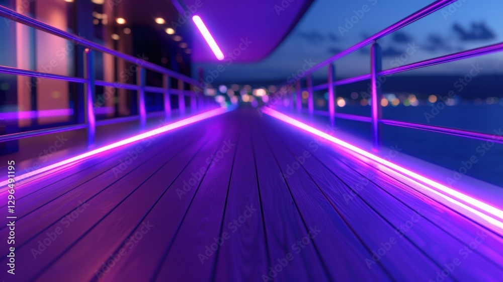 Neon Lit Walkway on Modern Deck with Stunning Night View Neon Lit Walkway on Modern Deck with Stunning Night View