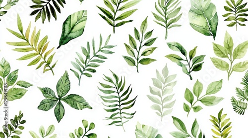 Wallpaper Mural A vibrant collection of watercolor leaves featuring various shades of green, perfect for nature-themed designs or backgrounds. Torontodigital.ca