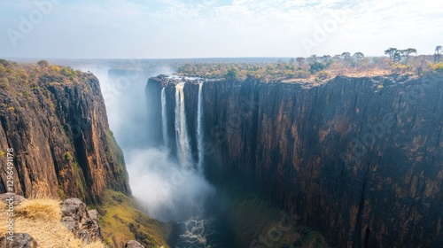 Victoria Falls Cascading Into Gorge with Mist and Lush Greenery