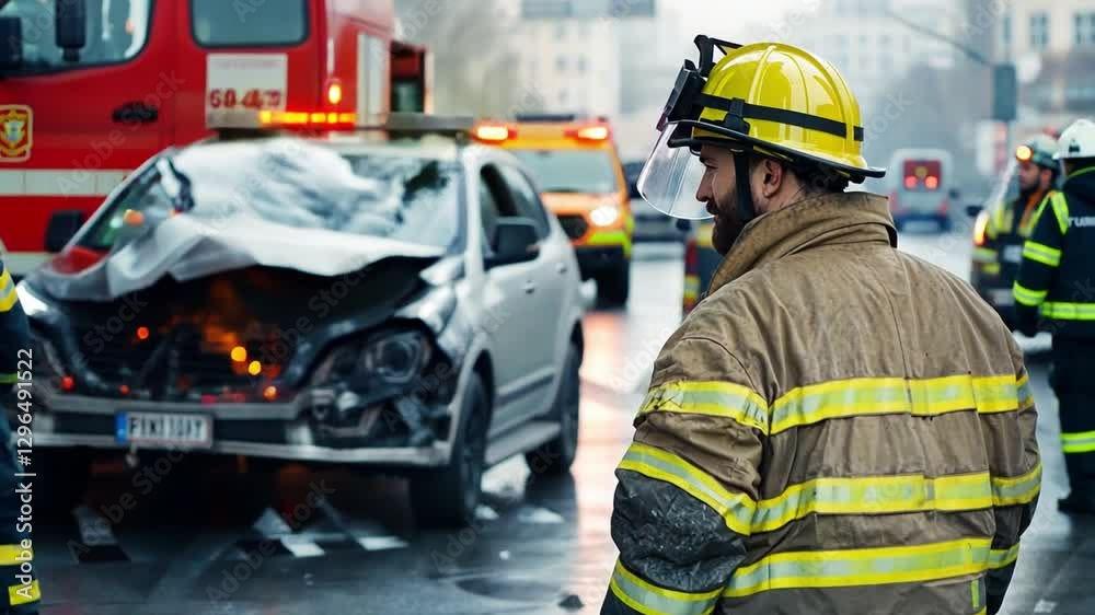 First Responder at Car Accident: A firefighter in full gear stands by a wrecked car, his expression somber and focused, as other emergency vehicles attend to the scene. First Responder at Car Accident: A firefighter in full gear stands by a wrecked car, his expression somber and focused, as other emergency vehicles attend to the scene.