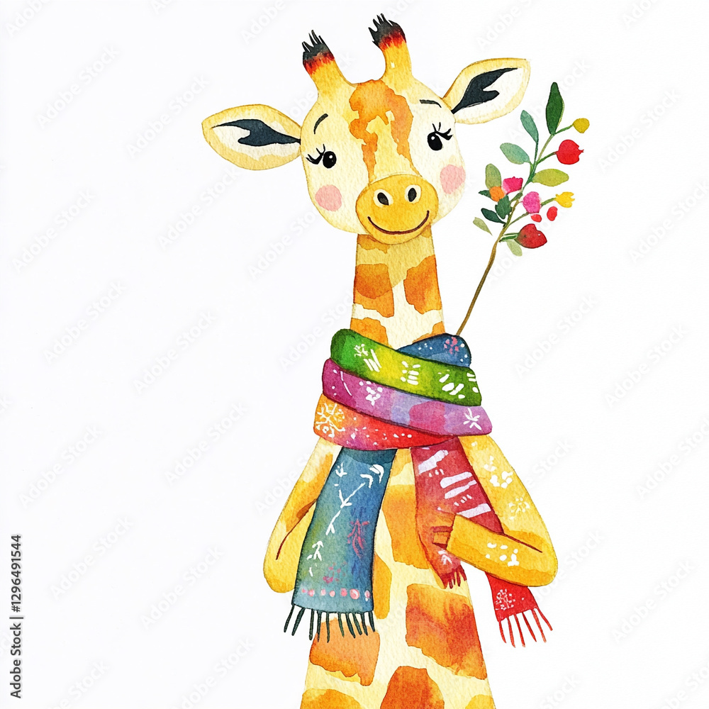 Fototapeta premium Charming Giraffe with a Colorful Scarf: A Whimsical and Playful Animal Portrait Perfect for Nature Lovers and Wildlife Enthusiasts Capturing the Joy of Unique Animal Fashion