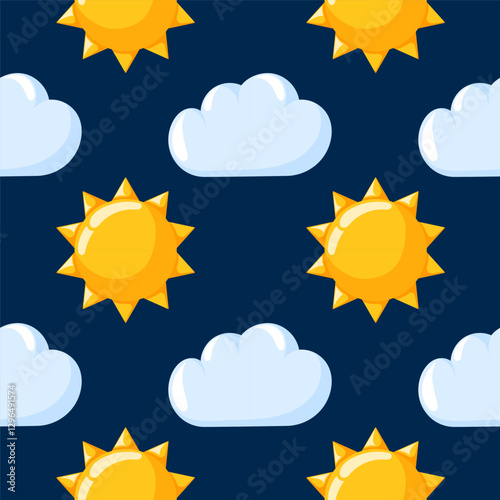 Cloud with sun seamless pattern in cartoon. Hand drawn weather, forecast background. Design for nursery wallpaper, wrapping.