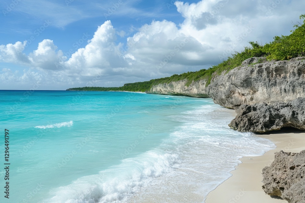 Fototapeta premium Stunning Turquoise Water Beach Scene with White Sand and Rocky Cliffs under a Blue Sky with Fluffy White Clouds