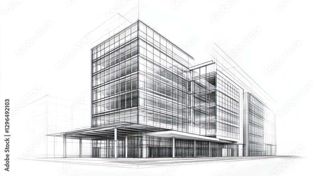 Modern glass office building architectural sketch (1) Modern glass office building architectural sketch (1)