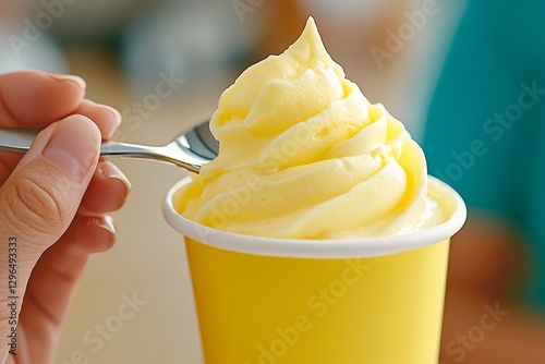 A close-up of a yoghurt container with a spoonful lifted, showing its smooth texture