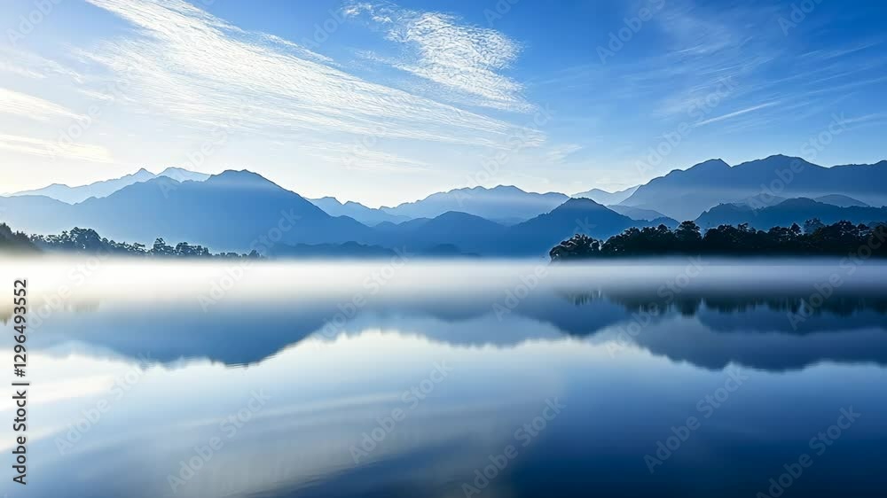 Calm morning by the lake with mountains reflecting in the water and mist hovering over the surface Calm morning by the lake with mountains reflecting in the water and mist hovering over the surface