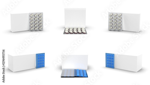 Obraz na plátně 3D render of blister pack containing 15 tablets, with clear or printed foil backing displaying brand name, dosage, and manufacturing details