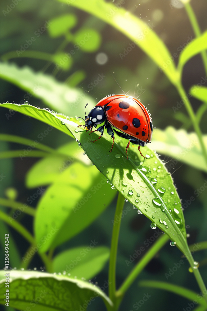 A macro shot of a ladybug, showcasing its vibrant red shell with black spots, perched delicately on a green leaf, highlighting nature's tiny wonders A macro shot of a ladybug, showcasing its vibrant red shell with black spots, perched delicately on a green leaf, highlighting nature's tiny wonders
