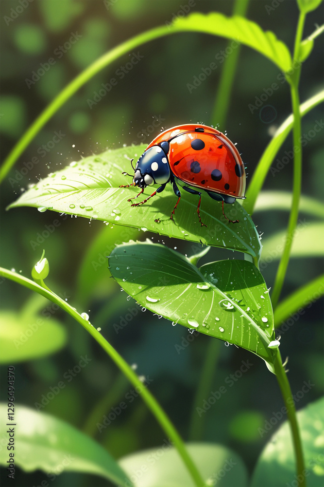 A macro shot of a ladybug, showcasing its vibrant red shell with black spots, perched delicately on a green leaf, highlighting nature's tiny wonders A macro shot of a ladybug, showcasing its vibrant red shell with black spots, perched delicately on a green leaf, highlighting nature's tiny wonders