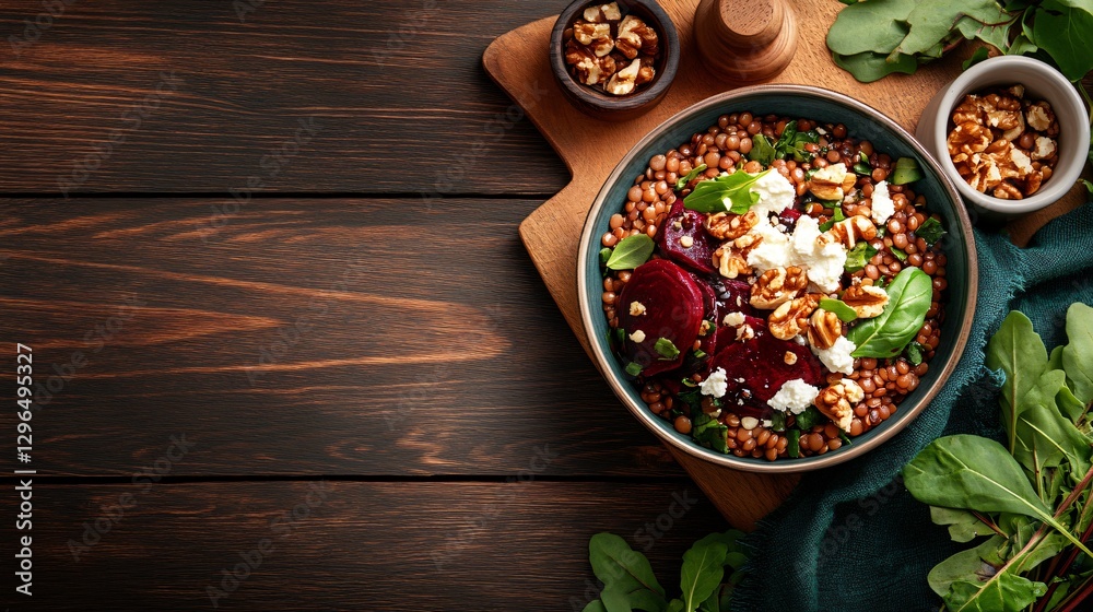 Colorful healthy salad with roasted beets, walnuts, and cheese on wooden table for nutritious meal ideas Colorful healthy salad with roasted beets, walnuts, and cheese on wooden table for nutritious meal ideas