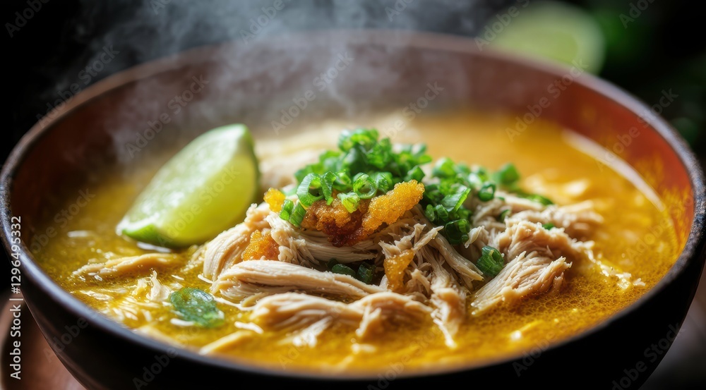 A steaming bowl of chicken soup garnished with lime. A steaming bowl of chicken soup garnished with lime.