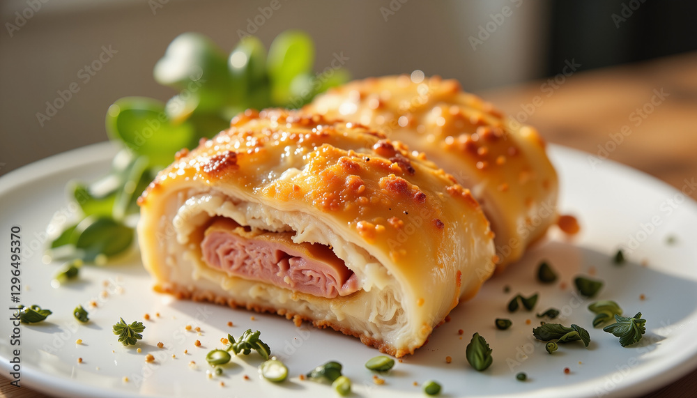 Golden crispy chicken cordon bleu on white plate, culinary delight Golden crispy chicken cordon bleu on white plate, culinary delight