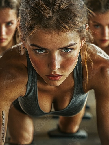Fit young people doing pushups in a gym looking focused