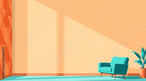A teal armchair sits in a room with an orange wall and turquoise floor. Sunlight streams in, casting shadows. A potted plant is nearby. Simple, modern design.