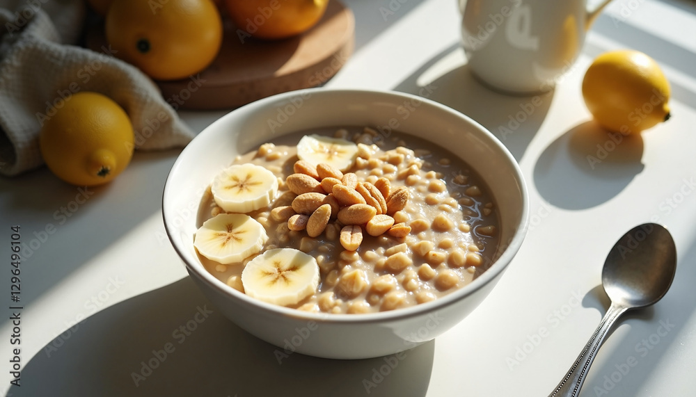 Bowl of oatmeal with bananas and peanuts against a bright background Bowl of oatmeal with bananas and peanuts against a bright background