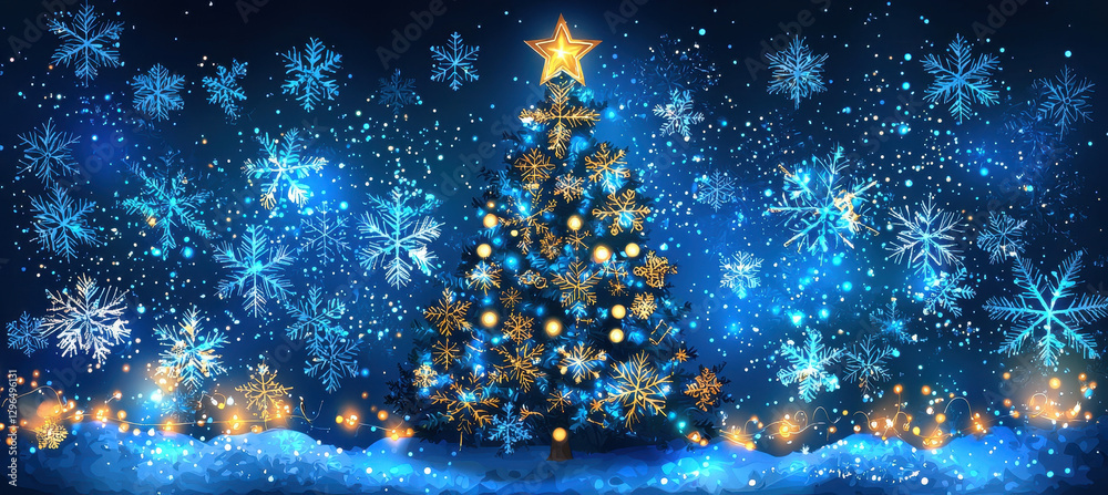 Fototapeta premium beautiful Christmas tree adorned with golden ornaments and star on top, surrounded by sparkling snowflakes and blue winter background, creating festive atmosphere